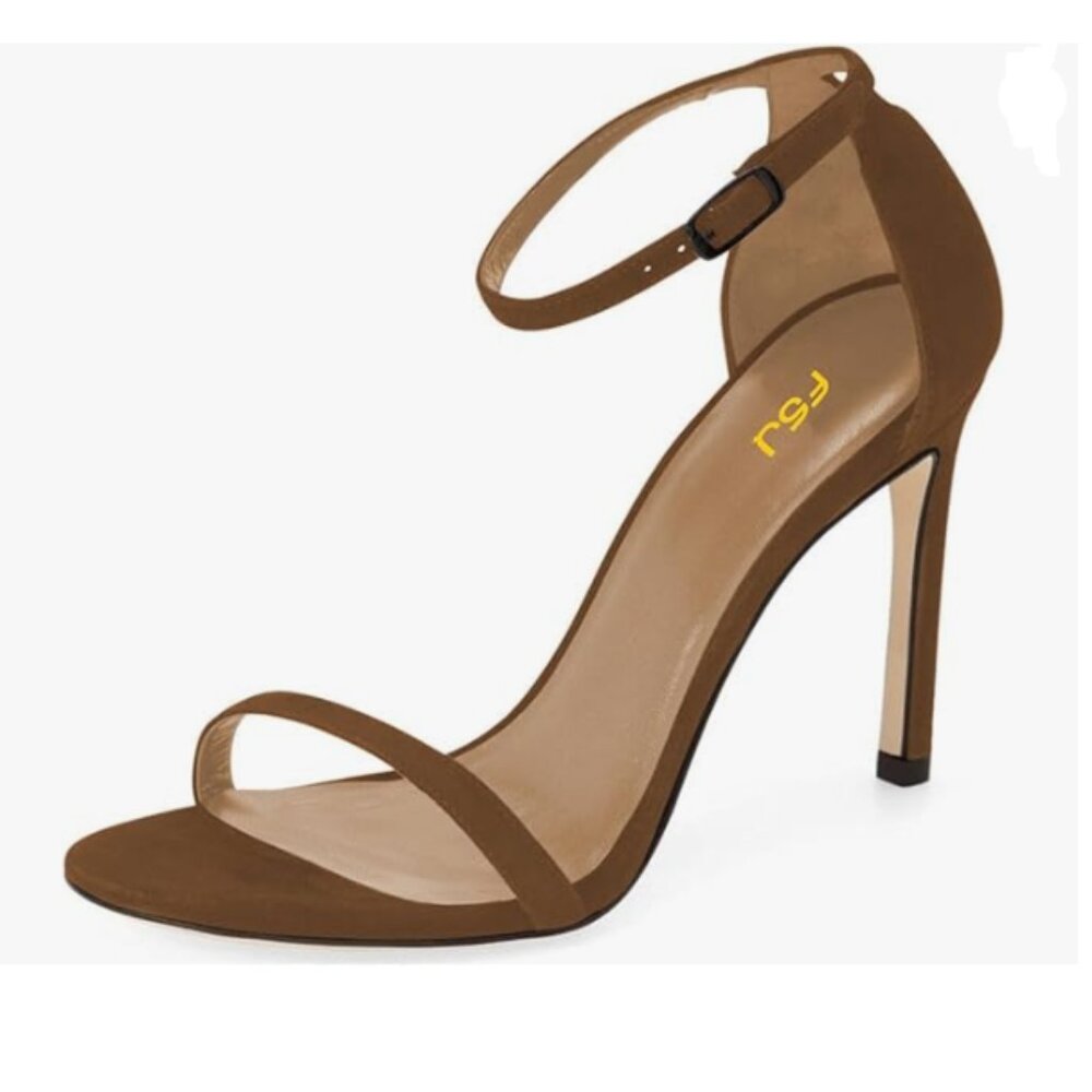 FSJ Brown Ankle Strap Middle Heel Sandals Square Toe One Band Chic Dressy Shoes